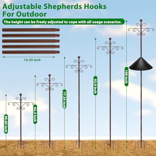 2 Pack 108 Inch Shepherd Hooks, Heavy Duty Bird Feeder Pole 7 Prong Base