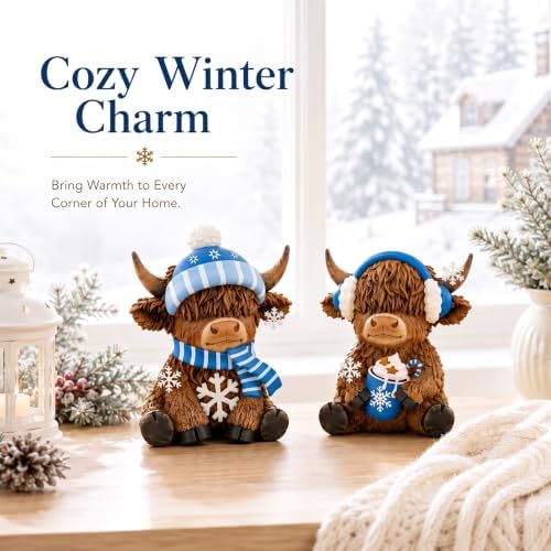 Karenhi 2 Pcs Highland Cow Figurines Resin Winter Decor for Tabletop