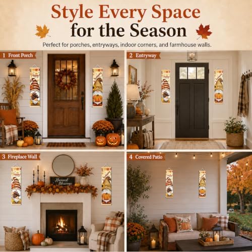Happy Thanksgiving Gnome Door Banner Set of 2, Pumpkin Porch Decor for Home