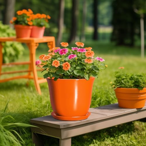 10 Inch Plant Pot, Ceramic Pots for Plants with Drainage, Orange