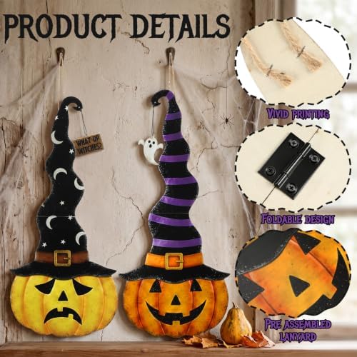 RattanView 2 Pack Halloween Pumpkin Door Hanger Front Door Sign Decor