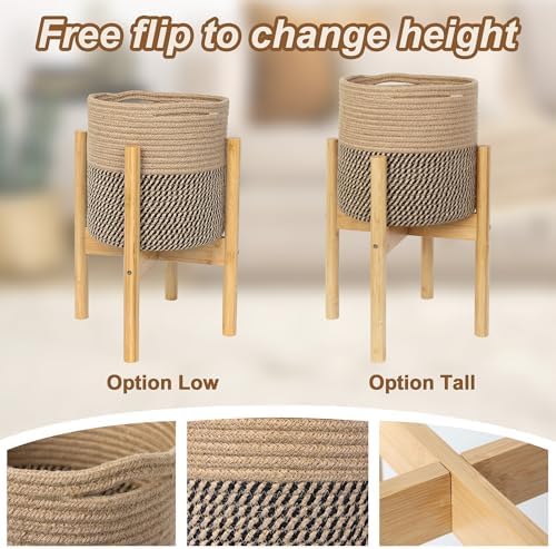 Plant Basket with Stand, Indoor Round Wicker Basket Plant with Bamboo Wood Stand, Decorative Woven Rope Flower Indoor Planter with Legs, Boho Bamboo Wood Planter Holder (Jute Black Stripes)