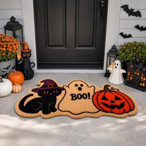 Halloween Black Cat Ghost Pumpkin Welcome Doormat-Halloween Coir Door Mat