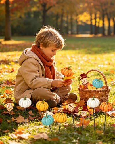 6 Pcs Fall Outdoor Decor Garden Stakes Pumpkin Scarecrow Metal Yard Sign Autumn Yard Stakes Thanksgiving Decorations for Planter Lawn Patio