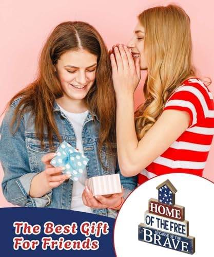 Putuo Decor Fourth of July Table Decorations -Home of The Free Because of The Brave, Wooden Patriotic Desk Decor Sign, Freestanding Centerpiece for Home Office Memories Day Party Supplies