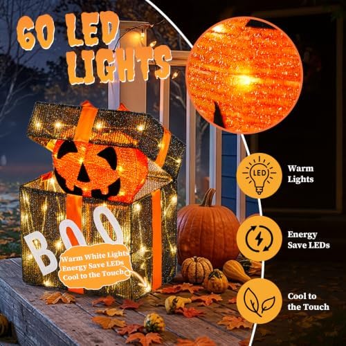 Outvita Halloween Pumpkin Lighted Gift Box, 60 LED Lights for Outdoor