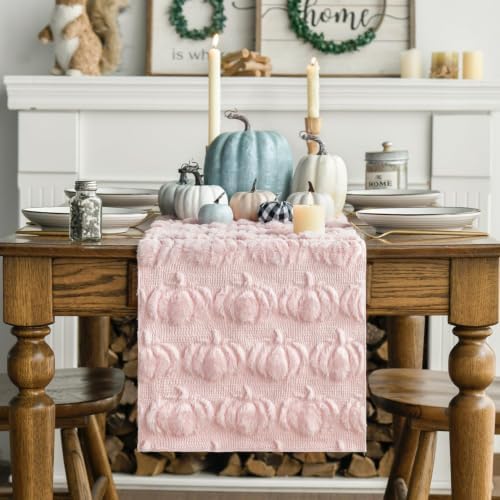 Artoid Mode Pink Soft Faux Fur Pumpkins Fall Table Runner 13x90 Inch