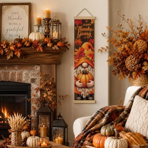 Thanksgiving Door Banner, Gnome Pumpkin Canvas Banner for Front Porch