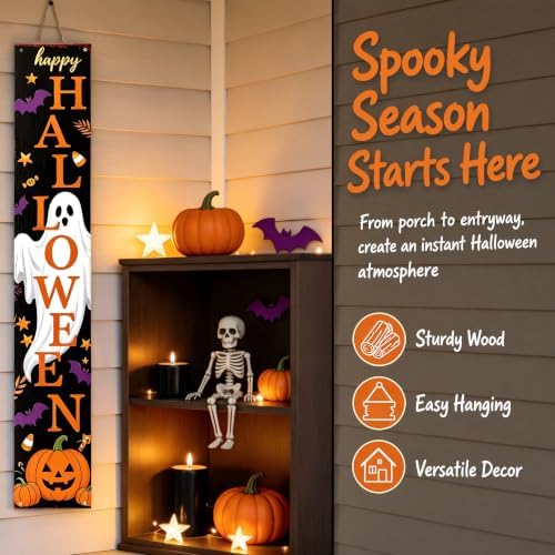 Happy Halloween Ghost Pumpkin Porch Sign 47 Inch Rustic Vertical Welcome Sign Farmhouse Wooden Front Door Standing Outdoor Indoor Halloween Decor