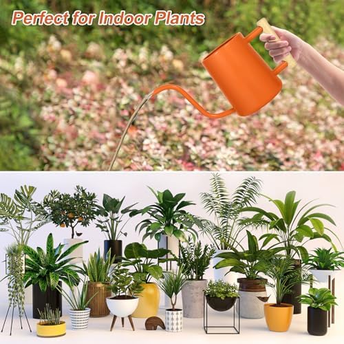 Watering Can Indoor Plants, 35 oz/1000 ml Metal Stainless Steel Watering Can Pot with Long Spout for Indoor House Plants Bonsai Outdoor Garden Flower Decorative (Orange)