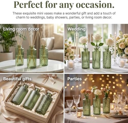 Glass Bud Vases 30 Pack, Small Green Flower Vases for Centerpieces in Bulk