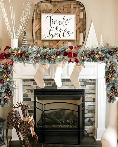 Christmas Garland for Front Door, 6 Foot Artificial Unlit Winter Garland with Pine Cones, Berry Clusters, Burgundy Ball Ornaments and Ribbon for Thanksgiving Holiday Christmas Decoration