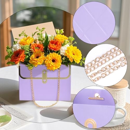 baotongle 6pcs Flower Paper Gift Box Bouquet Storage Bucket Handbag with Metal Chain Flower Boxes for Arrangements Wedding Mother's Day Birthday Bridal Shower (Purple)