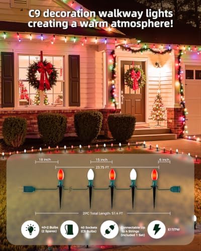 Christmas Pathway Lights Outdoor,51.4 Ft Lights with 40 Red and White Bulbs