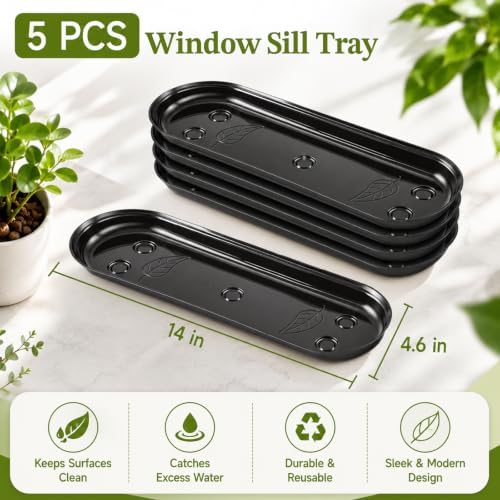 5 Pcs 14 x 4.6 Inch Plant Trays, Plastic Saucers for Window Sills, Black