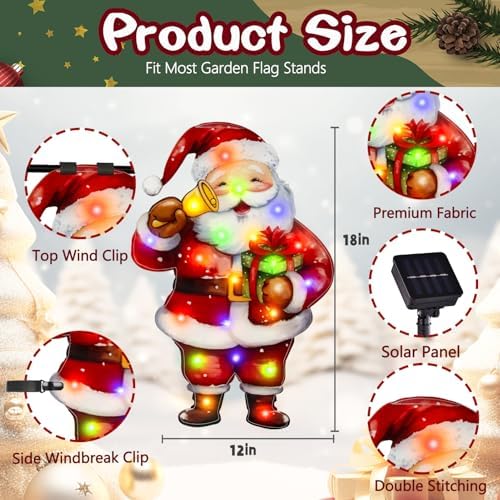 12x18 Lighted Christmas Santa Garden Flag, 8 Modes Solar LED