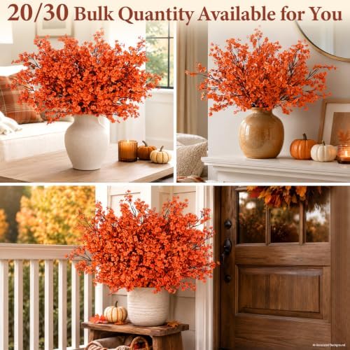 20 Pcs Baby Breath Flowers Artificial Bulk, Fake Fall Flowers, Orange