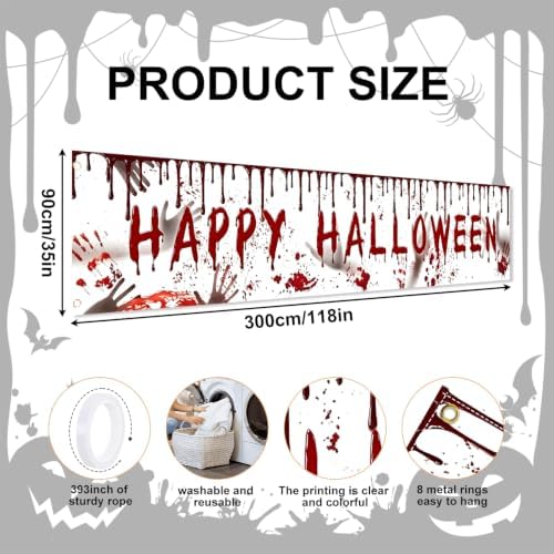 118"x35" Extra Large Happy Halloween Banner Big Spooky Halloween Backdrop for Giant Outdoor Yard Easy Hang with Ropes&Grommets–Perfect for Fence, Porch, Garden, Haunted House Party Signs (Bloody Hand, 118"x35")