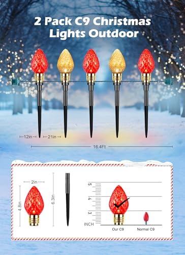 2 Pack Strawberry C9 Christmas Pathway Lights Outdoor, Total 34.8 Feet