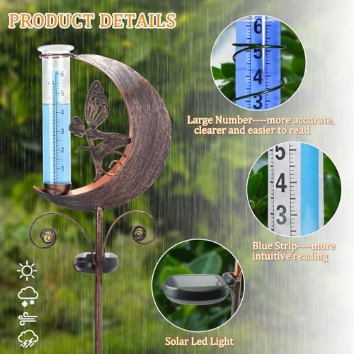 Solar Rain Gauge Outdoor, Moon Fairy Rain Gauges for Yard Patio Lawn Garden