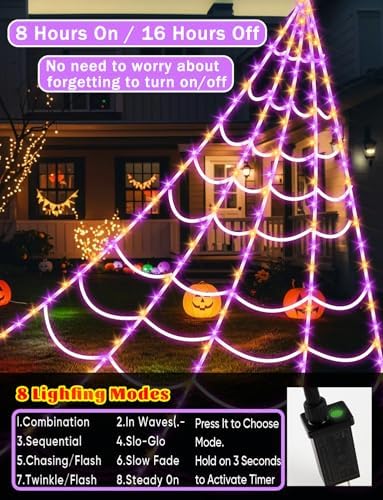 Spider Webs Halloween Decorations Lights - 250 LEDs Outdoor Halloween String Lights,8 Modes Remote Control 16.4Ft Spiderweb,Waterproof (Orange+Purple)