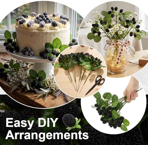 Hoteam 5 Pcs Artificial Raspberries Stems 11 Inch with Leaves, Black
