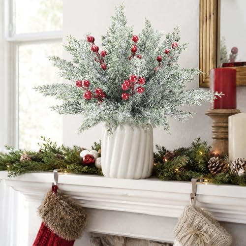 50Pcs Christmas Snow Pine Branches with Red Berries,Snowy Norfolk Pine Stem