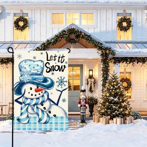 Let It Snow Christmas Snowman Garden Flag 12x18 Inch Double Sided