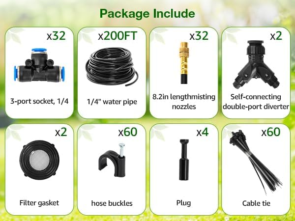 Pro-Series Drip Irrigation System, 200FT 1/4" Garden Watering System with 32pcs 360° Bendable Copper Nozzles, Leak-Free