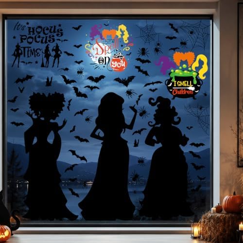 76 Pcs Halloween Window Clings,Large I Smell Children Hocus Pocus Window clings,Halloween Window Clings for Glass Windows,Double Sided Static Halloween Window Stickers for Window Decals(9 Sheets)