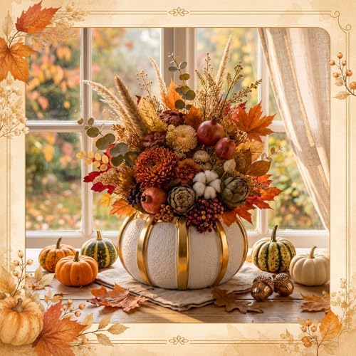 Beeveer 3.7 Inch Ceramic Pumpkin Vase, White and Gold Striped Flower Vase