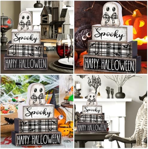 4Pcs Halloween Table Decoration Happy Halloween Ghost Wooden Block Sign