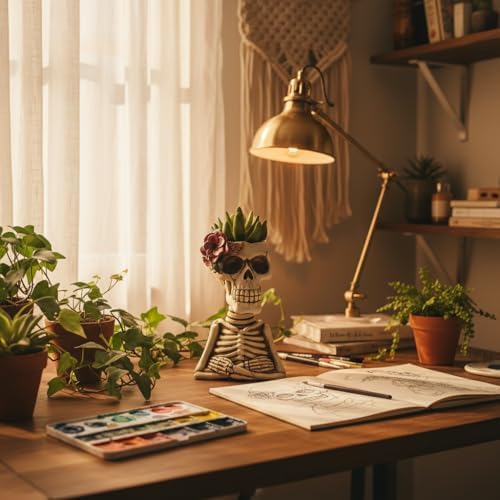 Skull Fake Plants Statue Decorations, Planter Pots with Artificial Succulents, Faux Indoor Plants for Home Decor, Desk Ornament, Handmade Resin Skeleton Statue, Unique for Women