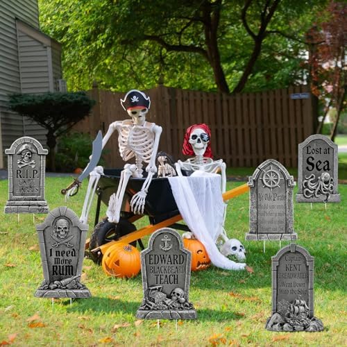 RattanView 6 Pcs Pirate Halloween Tombstones Yard Signs with Stakes 15.8 Inch Waterproof Halloween Yard Signs for Graves Pirate Outdoor Scary Decorations for Garden Lawn RIP Graveyard Tombstone Decor