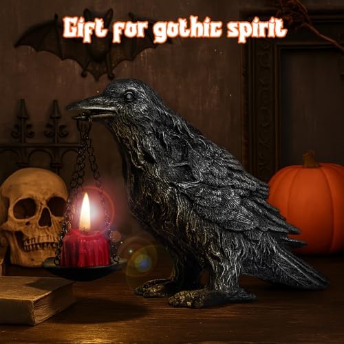 Gothic Crow Lamp with Tealight Candle Holder Resin Raven Decor Statue Gothic Home Decor for Bedroom Unique Goth Gifts Half Silver 2P