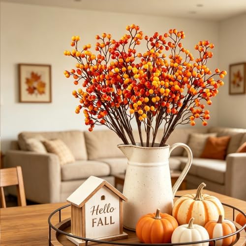 Fangoo 6 Pcs 20.7 Inch Fall Berry Stems Faux Orange Berry Stems for Vase