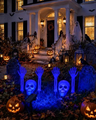 7P Halloween Skeleton Decorations Outdoor with Solar Spotlight, 2 Skull