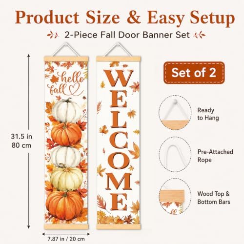 Hello Fall Pumpkin Door Banner Set of 2, Welcome Porch Decor for Home