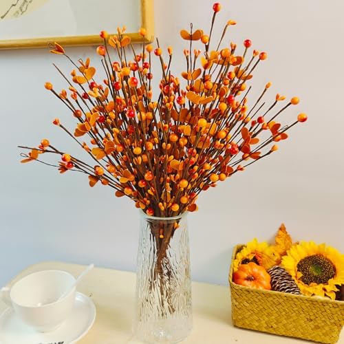 RHN Artificial Fall Floral Stems for Vases,15.75 in Fall Faux Berry Bittersweet Stems Decor Autumn Branches Picks Decor for Autumn Harvest Thanksgiving Day Home Table Floral Arrangements Vase Filler