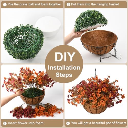 Artificial Fall Hanging Flowers Basket, UV Resistant Mums for Outdoors