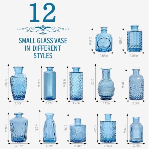 Mini Bud Vases As Wedding Centerpieces for Tables,Clear Bud Vases for Flowers,Small Flower Vases Suitable for Birthday Party,Anniversary,Wedding Reception,Baby Shower (Blue, 12PCS)