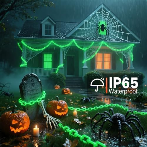 Solar Halloween Decorations Outdoor, 10FT Green Chain String Lights with 8 Modes, Waterproof Halloween Lights Outdoor for Haunted House Party Cosplay Props Skeleton Dog Yard Fence