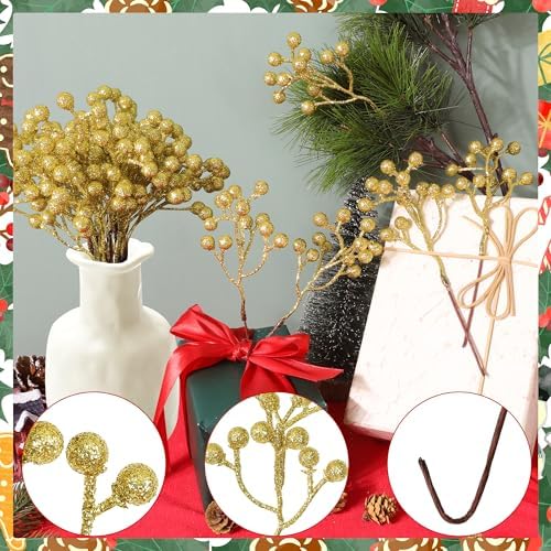 24PCS Gold Berry Stems 7.08in Christmas Tree Decorations Picks Glitter