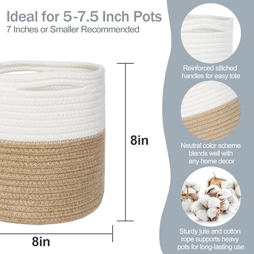 MEGASKET Small Wicker Plant Basket Indoor, 8"x8" Jute Spliced Cotton Rope Basket Planter Up to 7" Pot, Modern Flower Tree Pots Cover, Small Floor Woven Planters, Home Decor Storage Bin (Pack of 2)