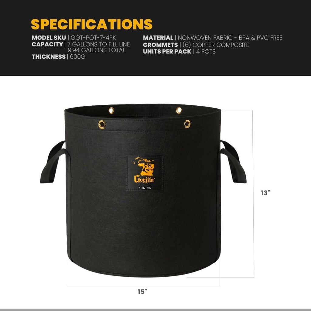 Gorilla 7 Gallon Grow Bags, Toughest Reusable Fabric Pots, Tallest True Gallon Sizes with Biggest Volume, Thickest 600g