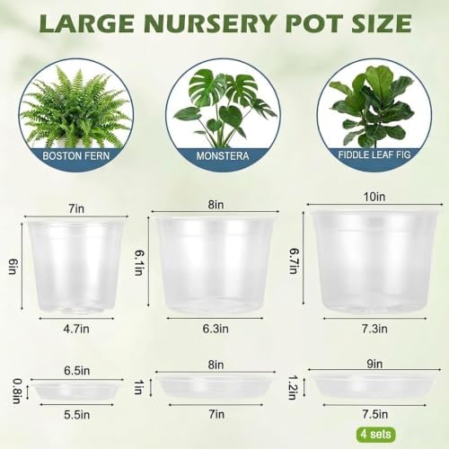 4 Sets 10 Inch Large Clear Nursery Pots with Drainage Holes