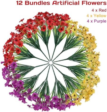 Geegoods Artificial Flowers for Outdoors, 12 Bundles Yellow Purple Red