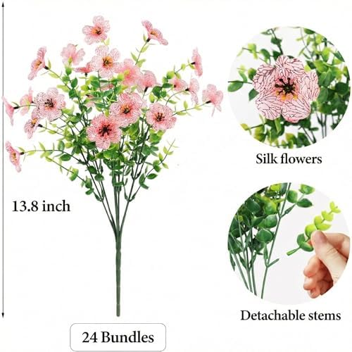ATTGREAT Artificial Flowers for Outdoors UV Resistant, 24 Bundles(Pink)