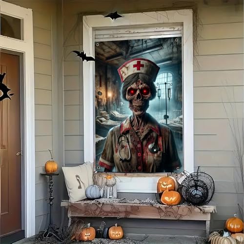 BlissYard Halloween Window Cover Hanging Banner Decor Zombie Nurse Scene 31x47 inch Creepy Bloody Hospital Horror Wall Decoration for Haunted House Door Display Party Prop Backdrop