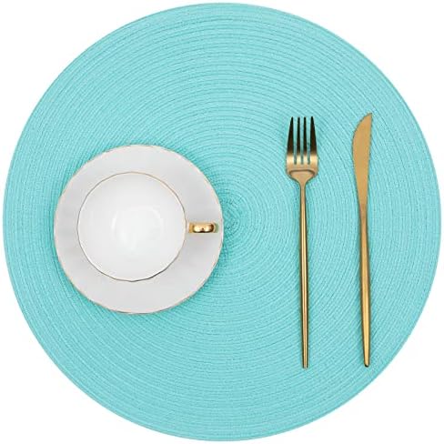 SHACOS Round Placemats Set of 6 Washable 15 inch Round Table Mats Cotton Polyester Woven Braided Place Mats for Dining Table (Aqua, 6)
